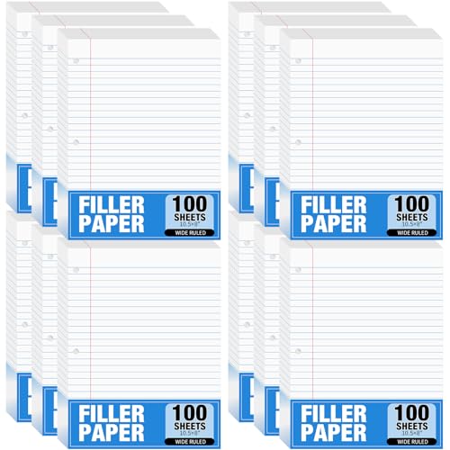 Fulmoon 12 Pcs 8" x 10-1/2" Wide Ruled Loose Leaf Paper 3 Hole Punched Notebook Paper 100 Sheets Per Pack, 56 Gsm, Filler Paper for Adults Students Binder College School - 12 - Wide Ruled