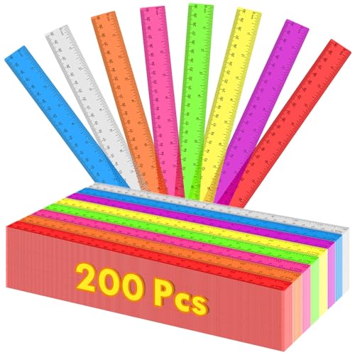 200 PCS Clear Plastic Ruler 12 Inches, Bulk Transparent Assorted Color Ruler with Centimeters and Inches, for Kids Back to School, Classroom, Office, Home Supplies - 200