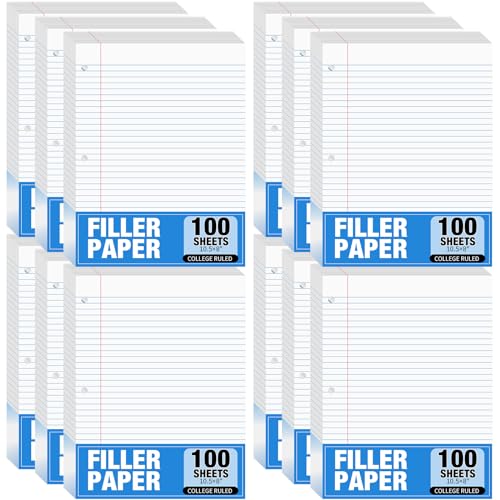 Fulmoon 12 Pcs 8" x 10-1/2" College Ruled Loose Leaf Paper 3 Hole Punched Notebook Paper 100 Sheets Per Pack, 56 Gsm, Filler Paper for Adults Students Binder College School - 12 - College Ruled