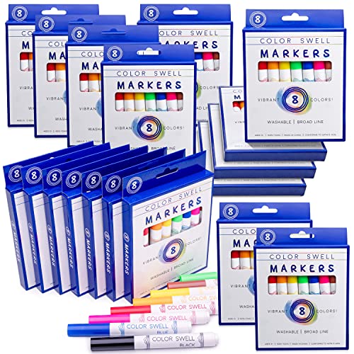 Color Swell Washable Bulk Markers Pack 18 Boxes of 8 Vibrant Colors (144 Total) Perfect Markers for Kids, Parties, Classrooms - Bulk Broad Line Markers - 18