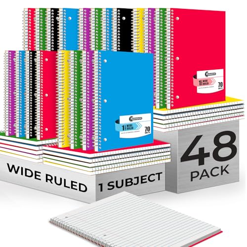 Rosmonde 48 Pack, 1 Subject Spiral Notebook Wide Ruled Bulk, 140 Pages (70 Sheets), Thick No-Bleed Paper, 8 x 10-1/2", 3 Hole Punched, 1 Subject Spiral Notebook Bulk, Bulk Subject Notebook for School - 48 Pack - 1 Subject