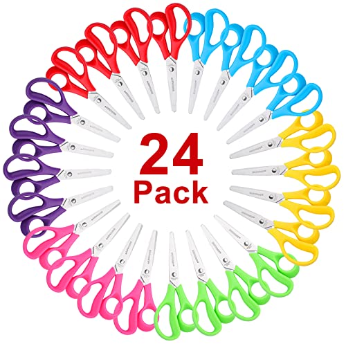Scissors Bulk, 24 Pack BURVAGY 5.5" Small Scissors School Student Blunt Tip Kids Craft Scissors, Sharp Stainless Steel Blades Safety Soft Grip Handles for Classroom Children Assorted Color - 24pack