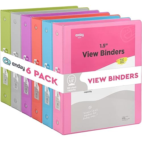 3 Ring Binder, 1.5 Inch Clear View Cover with 2 Inside Pockets Binder, Colored School Supplies 1 ½ Inch Round Ring Binders, in Pink, Red, Blue, Purple, Green, and Grey, Multicolor (6 PC) – by Enday - 1.5-Inch - 6 - Multicolor