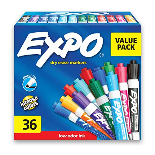 EXPO Low-Odor Dry Erase Markers, Chisel Tip, Assorted Colors, 36 Count - 36-count - Vibrant - Markers