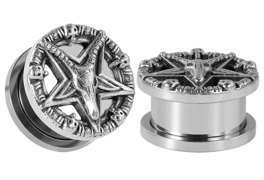 PAIR - Baphomet Pentagram Ear Plugs - Stainless Steel Screw-On - Gothic- Ear Plugs Gauges Tunnels