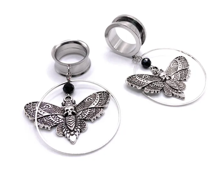 Round Silver Death Moth / Butterfly 316l Surgical steel Screw Fit Dangle Tunnel available in 6mm (2GA) - 30mm (1.18")