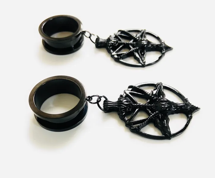 Black Baphomet /Satanic On Pentagram 316l Surgical steel Screw Fit Dangle Tunnel available in 6mm (2GA) - 30mm (1.18")