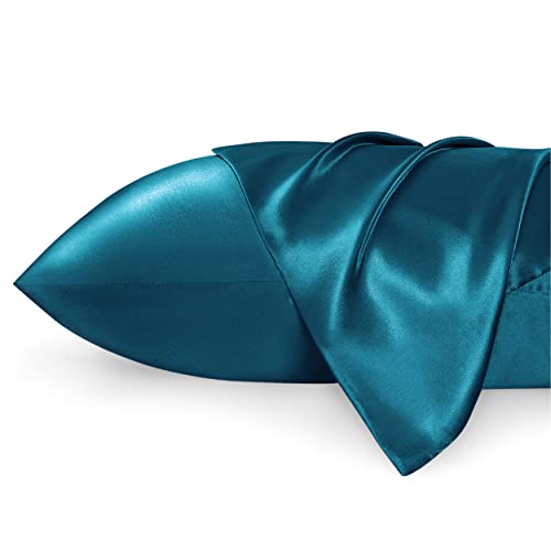 Bedsure Satin Pillowcase Standard Set of 2 - Teal Silky Pillow Cases for Hair and Skin 20x26 Inches, Satin Pillow Covers 2 Pack with Envelope Closure, Similar to Silk Pillow Cases, Gifts for Women Men - 22 - Teal - Standard (20" x 26")