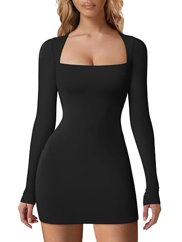 HYZ Women's Fall Casual Long Sleeve Square Neck Going Out Party Mini Tshirt Dress - Large - Black