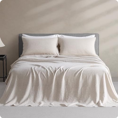 DAPU Pure Linen Sheets Set, 100% French Linen from Normandy, Breathable and Durable for Hot Sleepers, 4 Pcs Set - 1 Flat Sheet, 1 Fitted Sheet, 2 Pillowcases (Natural Linen, Full) - Full - Natural Linen