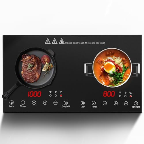 Double Induction Cooktop, 1800W Electric Cooktop with 2 Burner, Portable Countertop Burner with LED Sensor Touch Screen, 17 Power Levels 21 Temperature Setting Child Safety Lock, 3 Hours Timer