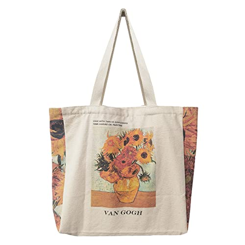 BROADREAM Canvas Tote Bag Aesthetic - Zippered Tote Bag with Interior Pocket by Shoulder Tote Bags for Women Shopping & Gift - Van Gogh Sunflowers