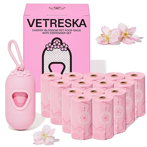VETRESKA Dog Poop Bag Dispenser with Cherry Blossom Scented Bags, Leak Proof and Extra Thick Pet Waste Bags 1 Poop Bag Holder and 225 Bags for Walking Dogs & Cats Litter - 1 Dispenser + 225 Bags