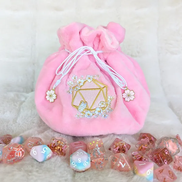 Cherry Blossom Multi pocket dice bag. Transportable dice storage for TTRPG dice and miniatures. D20 Floral embroidered dice bag in pink