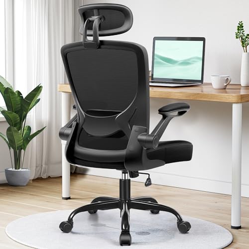 KERDOM Ergonomic Office Chair, Breathable Mesh Desk Chair with Headrest and Flip-up Arms for Office,Gaming,Computer Lumbar Support Swivel Task Chair, Adjustable Height,Black - Black - 9060H