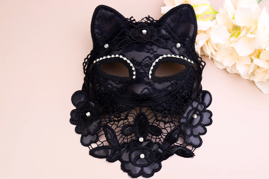 Masquerade Mask, Venetian Mask, Adult Dance Lace Mask, Black Lace Mask, Black Cat Ear Mask, Cat Mask