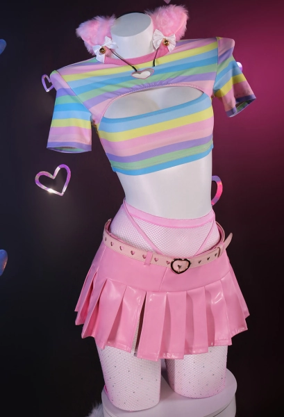 Rainbow Crop Top, Mini Skirt + Fishnet Stockings and Thong