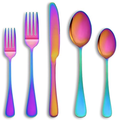 60 Pcs Rainbow Silverware Set Service for 12,Stainless Steel Flatware Serving Sets,Kitchen Tableware Set,Utensil Set for Home and Restaurant,Knives Forks Spoons Set,Mirror Polished,Dishwasher Safe - Rainbow - 60 Piece