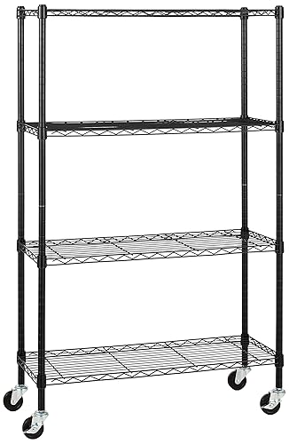 Amazon Basics 4-Shelf Adjustable, Heavy Duty Storage Shelving Unit on 3'' Wheel Casters, Metal Organizer Wire Rack, 36" L x 14" W x 57.75" H, Black - 4-Shelf - With Wheels - Black