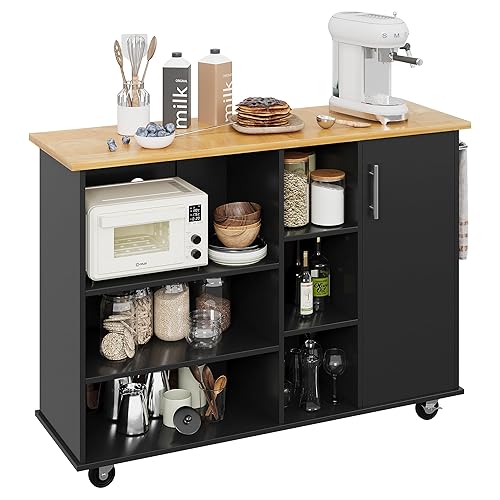 Shintenchi 47”W Kitchen Storage Island Cart with 6 Open Shelves and 1 Cabinet, Portable Trolley Cart with Wood Work Top and Handle/Towel Rack, Black - Black - 1 Cabinet+6 Shelves