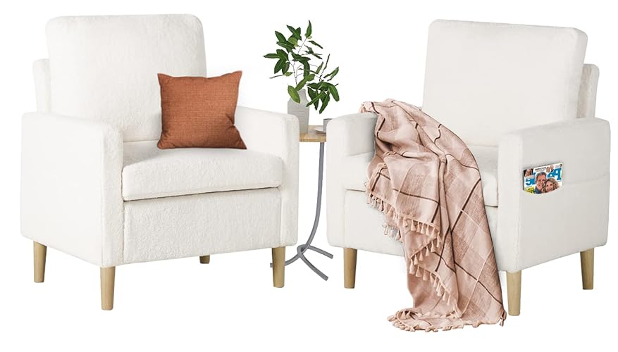 TYBOATLE Accent Chairs Set of 2, Modern Fabric Living Room Arm Chairs, Furry Cozy Upholstered Mid-Century Chairs w/Side Pocket, Club Reading Lounging Side Armchair for Office, Bedroom (Cream White) - 28.34"W Chair * 2 - White