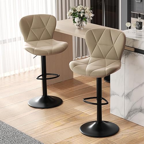 Nalupatio Modern Bar Stool Set of 2, Adjustable Faux Leather Upholstered Swivel Counter Stools, Counter Barstools with Back for Kitchen Island, Khaki - Khaki - Set of 2