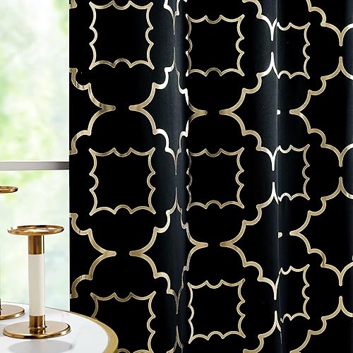 Purainbow Black Blackout Curtain Panels for Bedroom 84" Gold Foil Moroccan Metallic Print Energy Efficient Drapes for Bedroom Living Room, Thermal Insulated Window Treatments Grommet Top 2 Panels