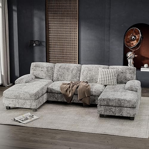 Furniwell Convertible Sectional Sofa Couch, 4 Seat Sofa Set for Living Room U-Shaped Modern Fabric Modular Sofa Sleeper with Double Chaise & Memory Foam (Fabric, Grey) - Grey