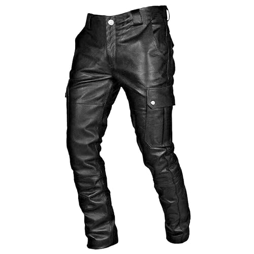 Men's Faux Leather Pants - Steampunk Goth Trousers with Slim Fit and Pockets - Large - Black-2