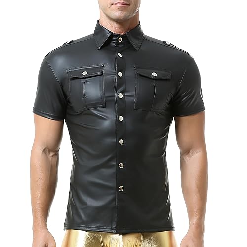 QiaTi Men's Faux Leather Polo Shirts Men Short Slevees Tops with Zipper Muscle Fit Collared Shirts for Casual Workout Shirts - 2#black - Medium