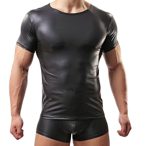 Crongless Men's Sexy Leather T-Shirt Slim Nightwear Tops Wet Look Undershirt Black - Large - Black