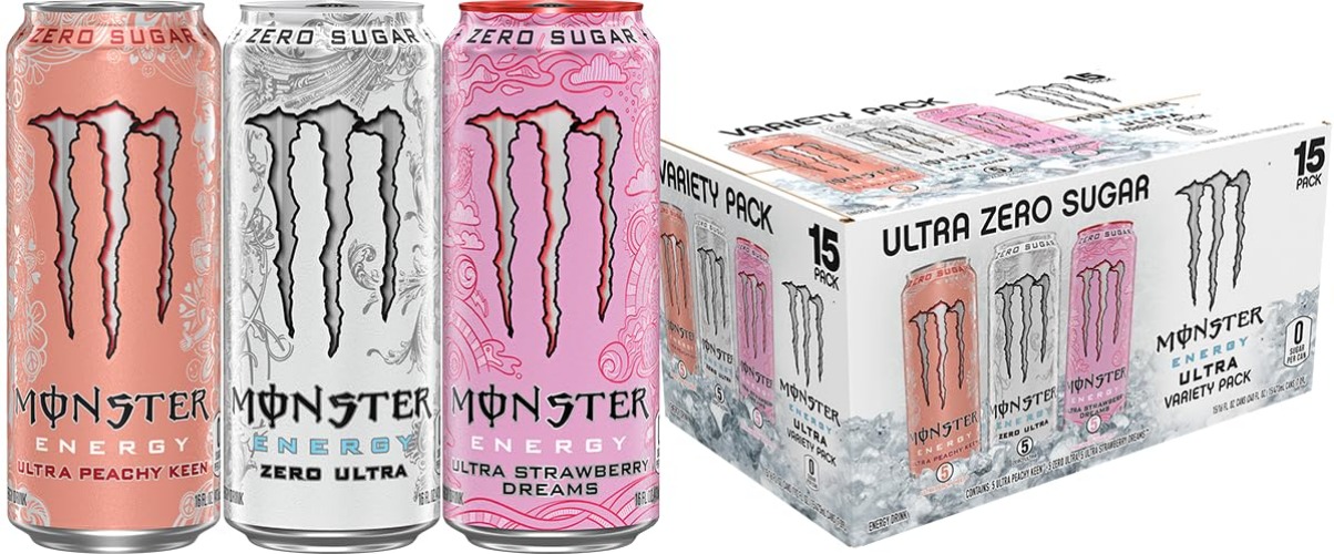 Monster Energy Ultra Variety Pack, Zero Ultra, Ultra Peachy Keen, Ultra Strawberry Dreams, Sugar Free Energy Drink, 16 Ounce (Pack of 15) - Zero Ultra, Strawberry Dreams, Peachy Keen - 15 Pack