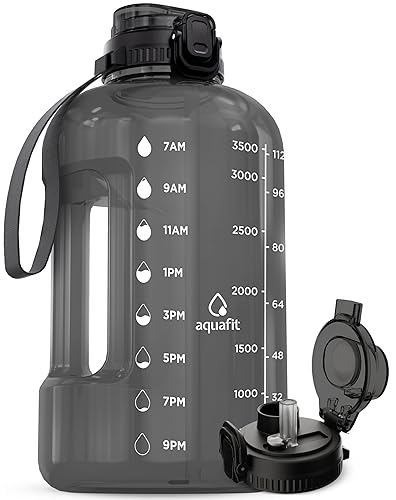 AQUAFIT 1 Gallon Water Bottle with Time Marker - BPA Free 128 oz Water Bottle with Straw, Gym Water Bottle with Handle, 1 Gallon Water Jug, Big Water Bottle, Large Water Bottle (Gray) - Gray