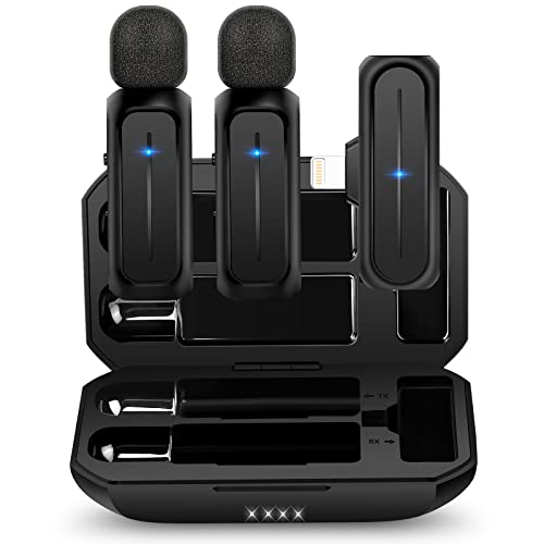 ECOMXIA 2 Pcs Wireless Lavalier Microphone for iPhone iPad with Charging Case 7H Clip on Lapel Microphone Wireless for Video Recording Vlogging, YouTube, Interview, 3 Mode Denoise, 70ft