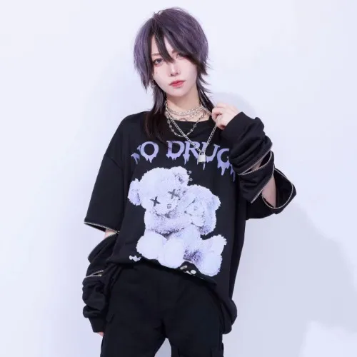  Japanese style amilige landmine style Harajuku style printed sweatshirt T-shirt off-shoulder zipper top