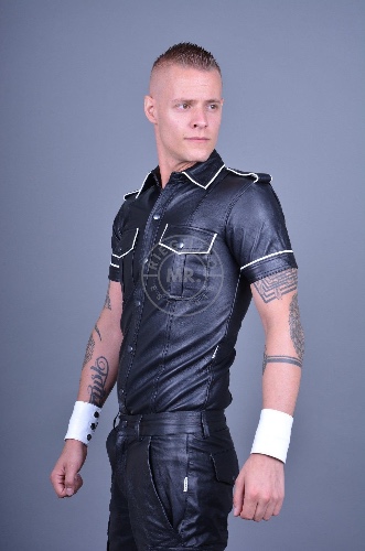Black Leather Shirt - White Piping | S / Black