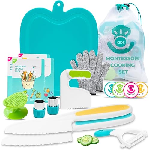 Tovla Jr Kids Montessori Cooking Tools Set - Kid Safe Kitchen Knives Gift Set - Childrens' Knife, Toddler Chopper, Vegetable Peeler ,Gloves,Cutting Board, Recipes and More
