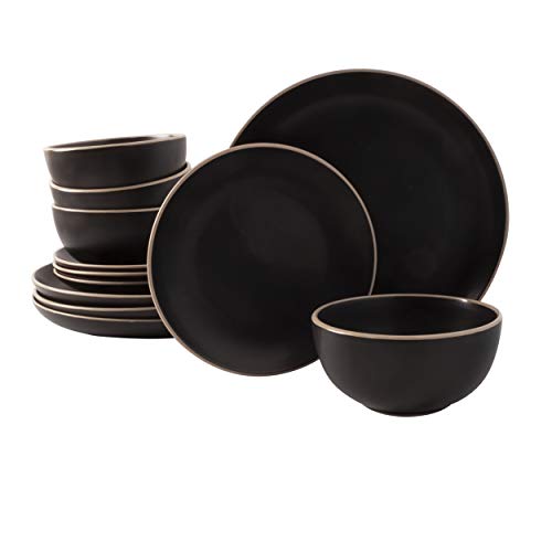 Gibson Home Rockaway Round Stoneware Dinnerware Sets, Service for 4 (12pcs), Black - Service for 4 (12pcs) - Black