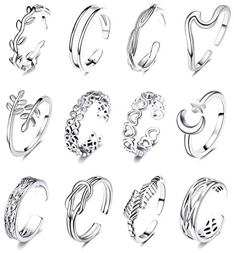 KOHOTA 12PCS 18K Gold Plated Adjustable Toe Rings for women Summer Beach Open Toe Rings Set Flower Arrow Tail Pinky Band Rings Barefoot Foot Jewelry - A:Silver color