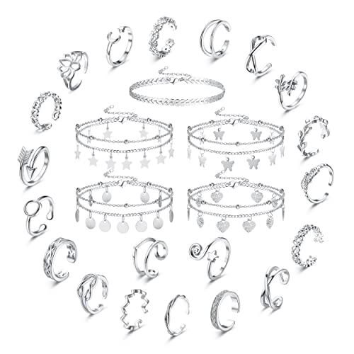 UBGICIG 25 Pcs Toe Rings and Ankle Bracelets for Women Gold Silver Layered Anklets Open Adjustable Toe Rings for Summer Beach Foot Jewelry - Silver Tone