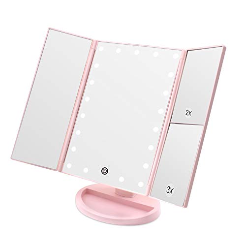 WEILY Lighted Makeup Mirror with 2X/3X Magnifying, 21 LED Lights, Dual Power Supply, Adjustable Brightness and Angle (Pink) - Pink