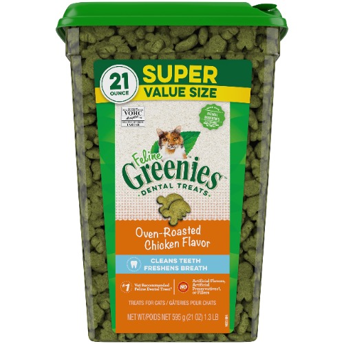 FELINE GREENIES Natural Dental Care Cat Treats Oven Roasted Chicken Flavor, 21 oz. Tub - 1.3 Pound (Pack of 1)