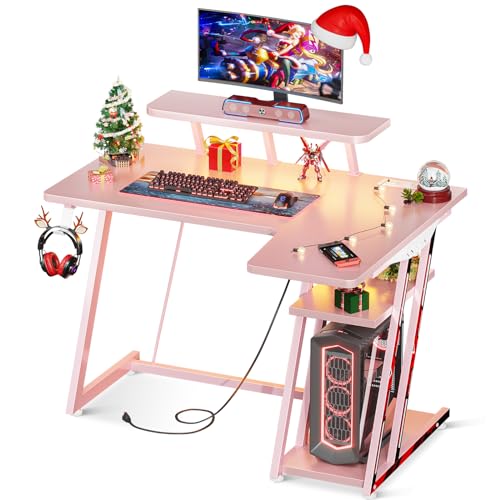 MOTPK Pink Gaming Desk L Shaped with LED Lights, Small Corner Computer Desk 39inch with Power Outlets, Gaming Table with PC Storage Shelf, Gamer Desk with Monitor Shelf, Carbon Fiber Texture - 39 Inch - Piggy Pink Led