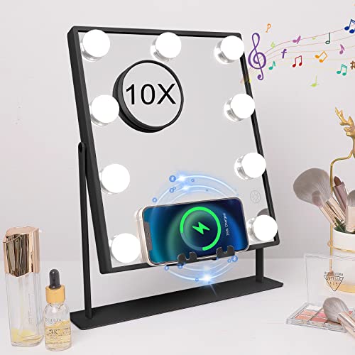 Hansong Lighted Black Vanity Mirror with Music Speaker and Wireless Charging Makeup Mirror with Lights 9 Dimmable Bulbs Lighted Hollywood Makeup Mirror 3 Color Lighting Tabletop - Black-upgraded Speaker-9 Bulbs
