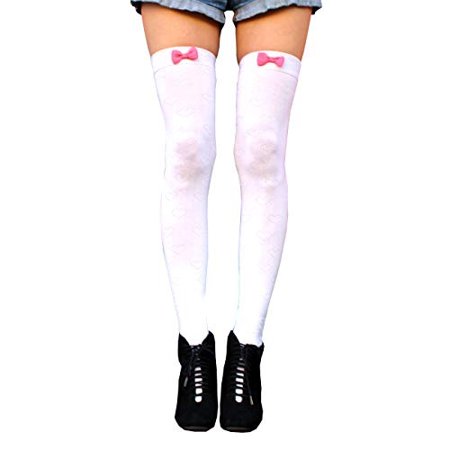 Millennials In Motion Kawaii Thigh High Socks Over The Knee Leg Warmer Warm Kpop Stockings Long Tights - One Size - White Bow