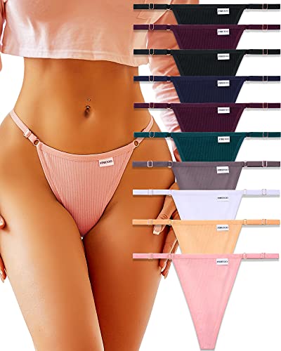 FINETOO 10 Pack Adjustable G String Thongs for Women Sexy Underwear Low Rise Womens Thong Cotton Panties for Ladies S-XL - Large - Seta-10pack