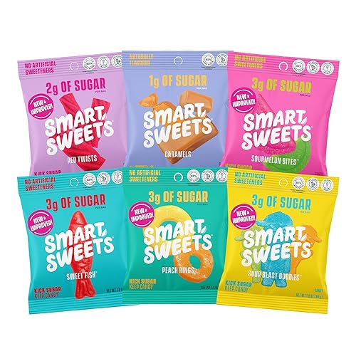 SmartSweets Variety Pack Sampler, Pack of 6 Individual Flavors, Low Sugar & Calorie Candy - Sweet Fish, Sourmelon Bites, Peach Rings, Sour Blast Buddies, Red Twists, & New Soft Caramels - Variety Pack Sampler