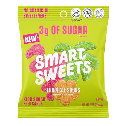 SmartSweets Tropical Sours Gummy Candy: 1.8oz (Pack of 14), Gummy Candy with Low Sugar, Low Calorie, No Artificial Sweeteners, Plant-Based, Gluten-Free, Healthy Snack for Kids & Adults - Tropical Sours - 1.8 oz (Pack of 14)