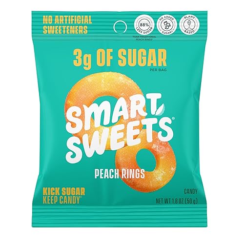 SmartSweets Peach Rings, Low Sugar Gummy Candy (3g), Low Calorie (130), Gluten-Free -1.8oz (Pack of 12) Packaging may vary - Peach Rings - 1.8 Ounce (Pack of 12)