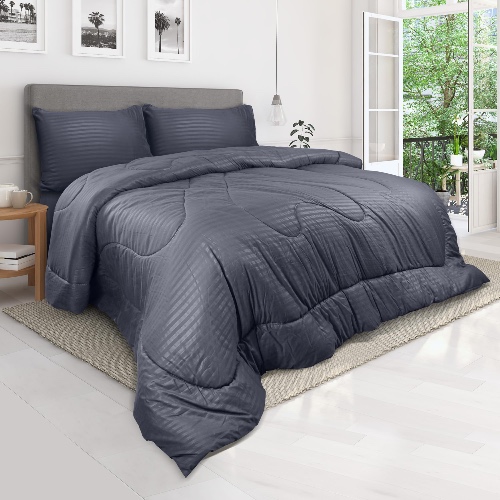 Hotel Linen Klub Down Alternative Comforter Set -Ultra Soft Brushed Stripe Microfiber Fabric, 200GSM Soft Fibersheet Filling, Size : King 240 x 260cm, Color: Dark Grey - King - grey